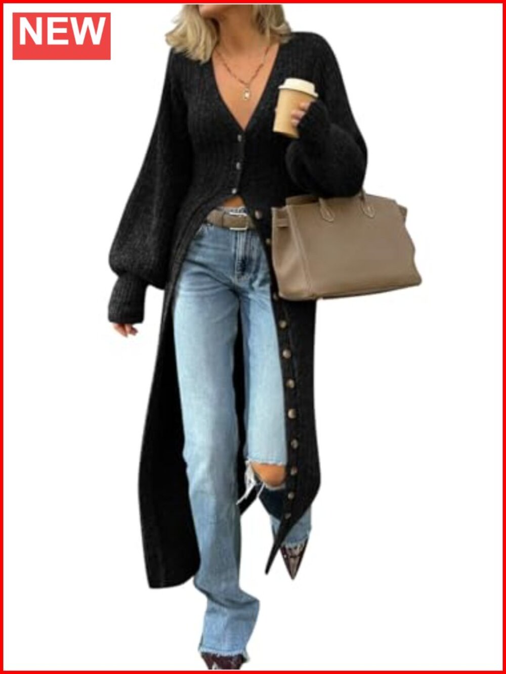 Women's Chunky Knit Long Duster Cardigan Button Down Maxi Sweater